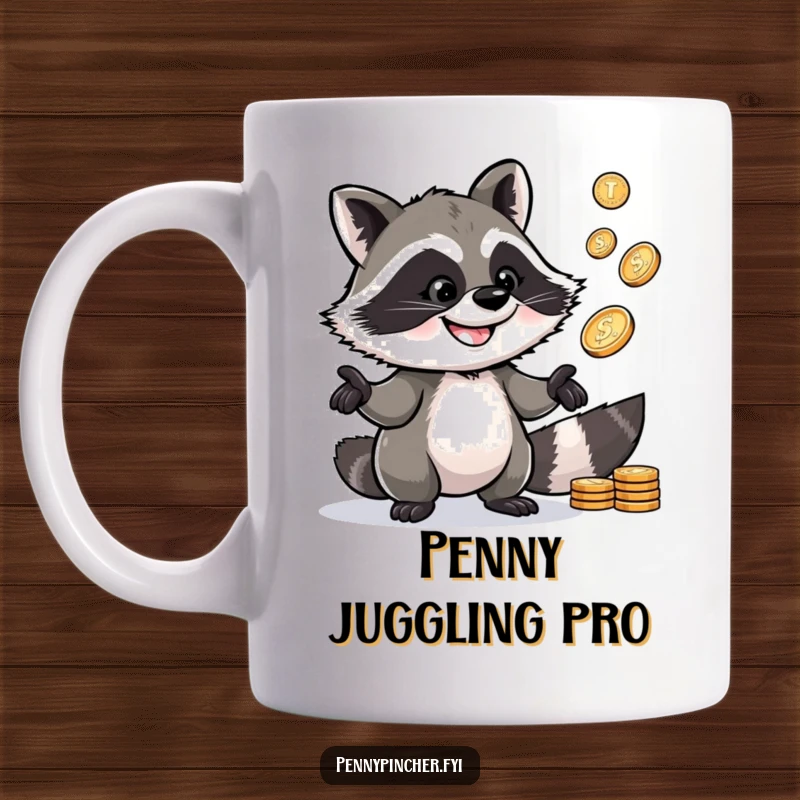Funny Raccoon Mug: A clever raccoon character with a wide grin, expertly juggling several shiny pennies.