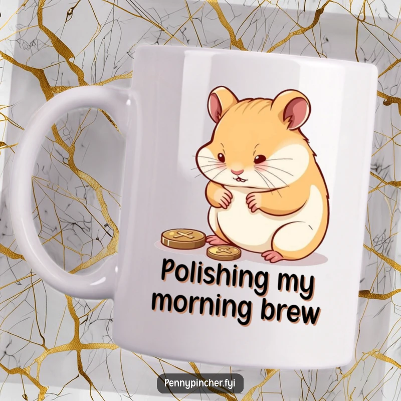 Funny determined hamster meticulously polishing a tiny penny until it gleams, a humorous and shiny mug.