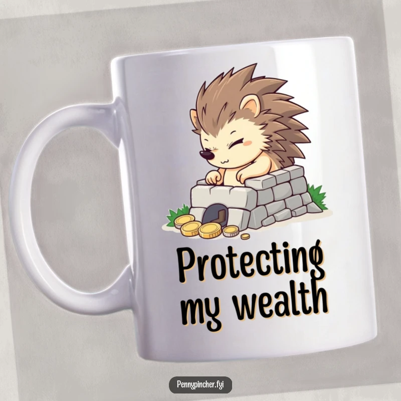 Funny determined hedgehog building a tiny impressive coin fortress, showcasing financial ambition on this humorous mug.