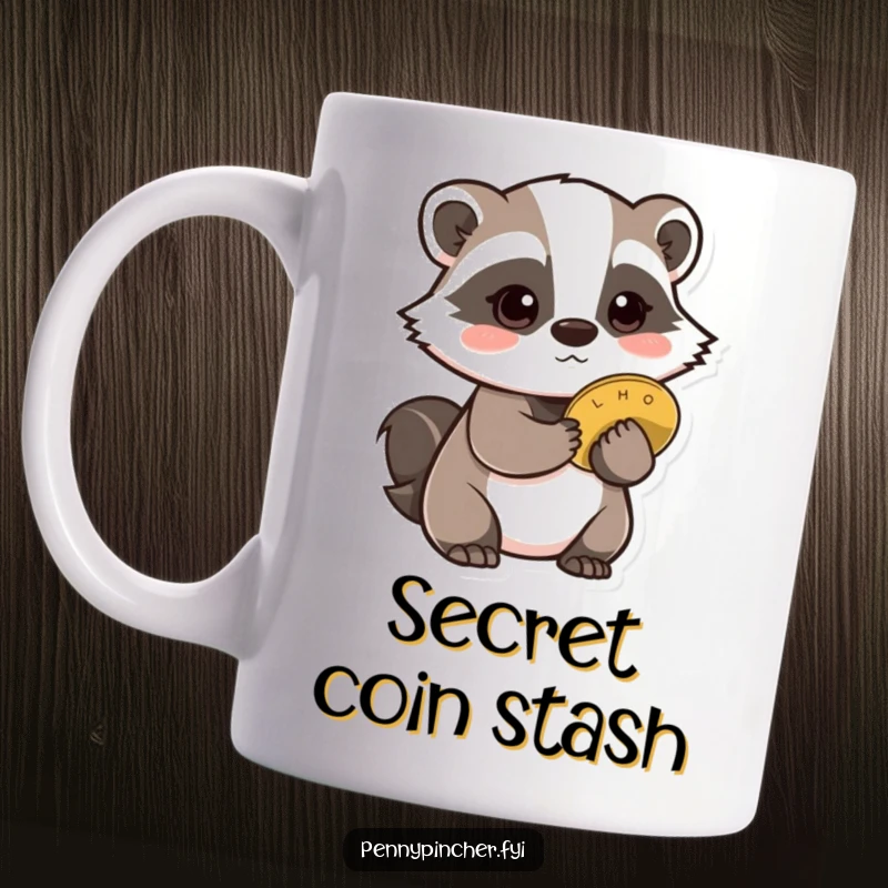Funny Badger Mug: A cautious badger character secretly hiding a single, shiny coin behind its back with a sly look.