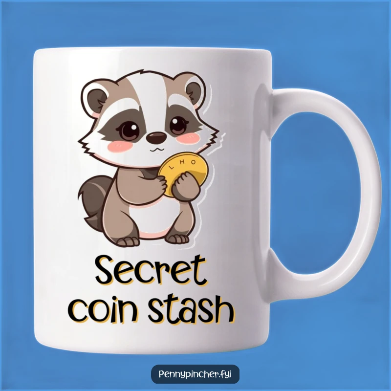 Funny Badger Mug: Cautious badger w/ coin, a perfect secret funny gift.