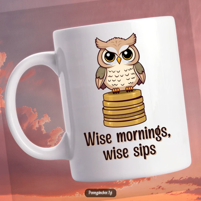 Funny mug featuring a watchful owl character perched stoically atop a stack of antique coins, exuding wisdom.