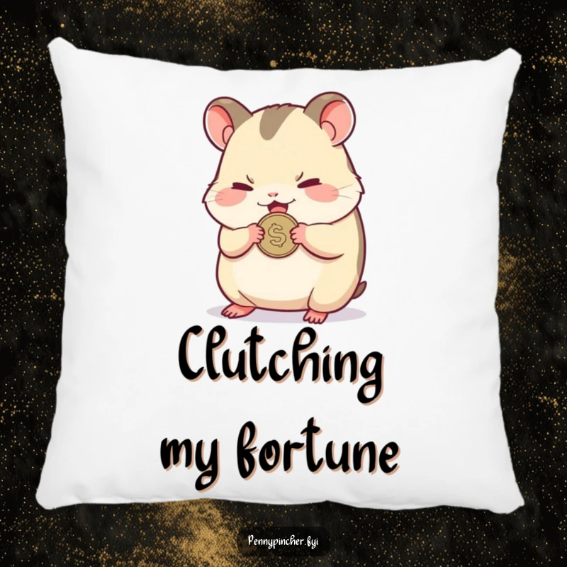 Funny pillow with a small hamster character nervously clutching a single shiny coin, looking soft and slightly worried.