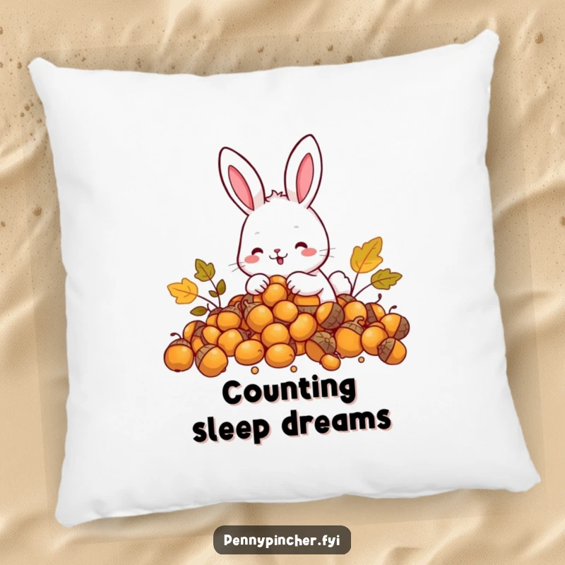 Funny Rabbit Pillow: Features a happy rabbit character counting a stash of golden acorns, offering plush comfort.