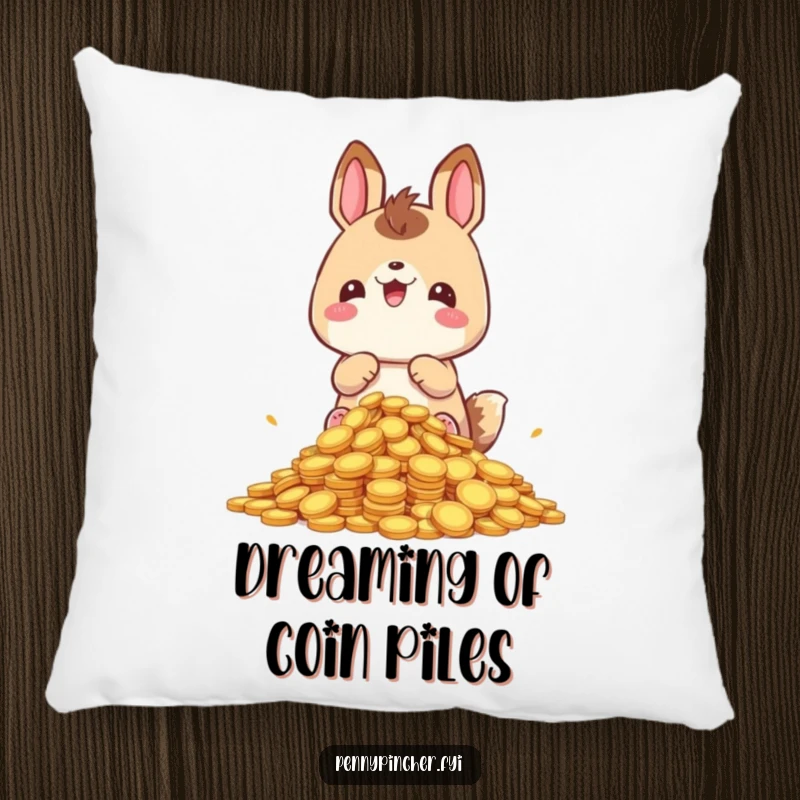 Funny hoarding animal pillow, looking smug and content amidst a pile of coins, a soft and humorous decorative item.