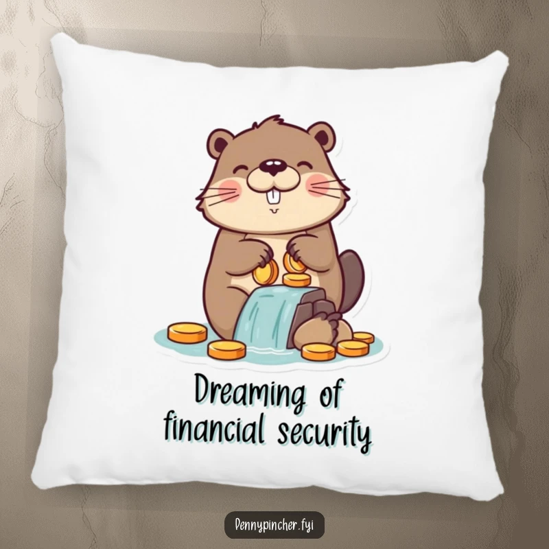 Funny pillow featuring a proud beaver character building a dam from a mound of coins, offering comfort and a humorous financial theme.