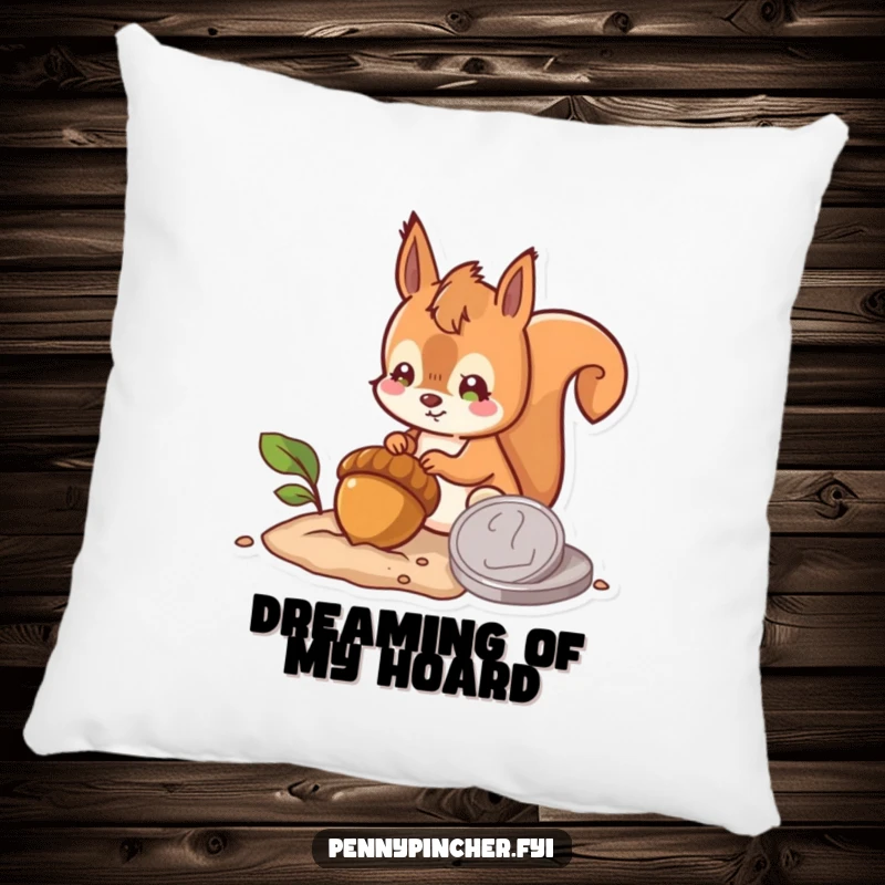 Funny pillow showcasing a hopeful squirrel character burying an acorn next to a large coin, bringing a humorous and comforting touch of future planning.