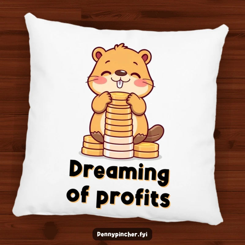 Funny beaver pillow featuring a diligent beaver character stacking shiny coins into a tower, offering comfort and a humorous touch.