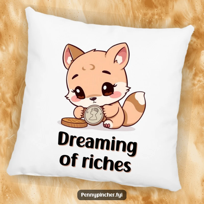 Funny curious animal character closely inspecting a coin, featured on a soft and cozy decorative pillow.