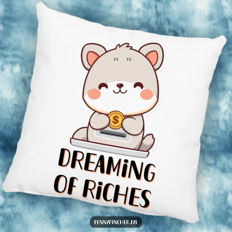 Funny animal character pillow with a cheerful creature happily placing a coin into a slot, offering humorous comfort and optimistic charm.
