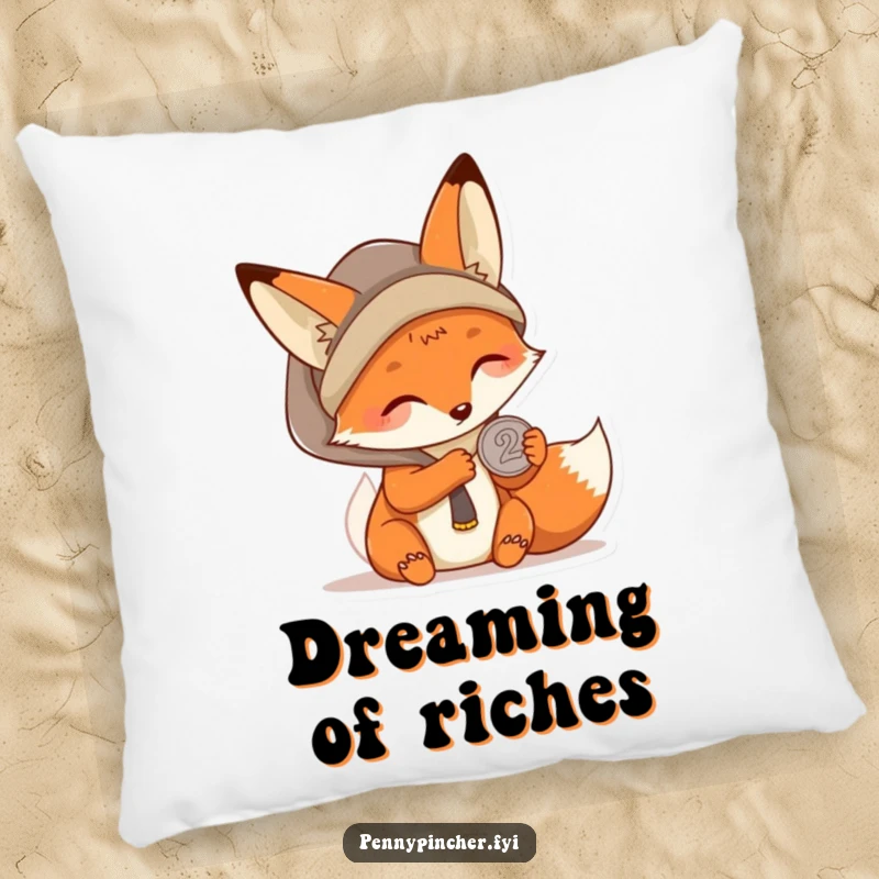 Funny Kawaii fox pillow featuring a character carefully examining a single coin, offering plush comfort and a humorous, resourceful design.