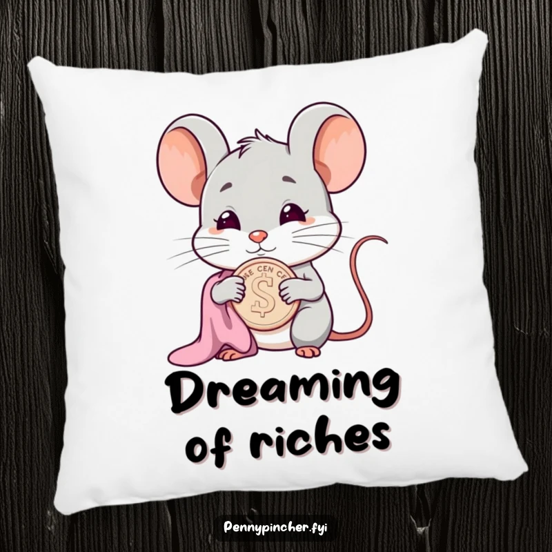Funny smug mouse character pillow, polishing a cent, offering cozy humor and a touch of smugness.