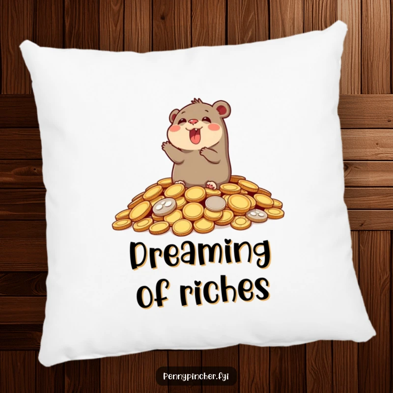 Funny pillow design showing a cheerful mole surfacing from a heap of shiny coins, adding a touch of humorous comfort.