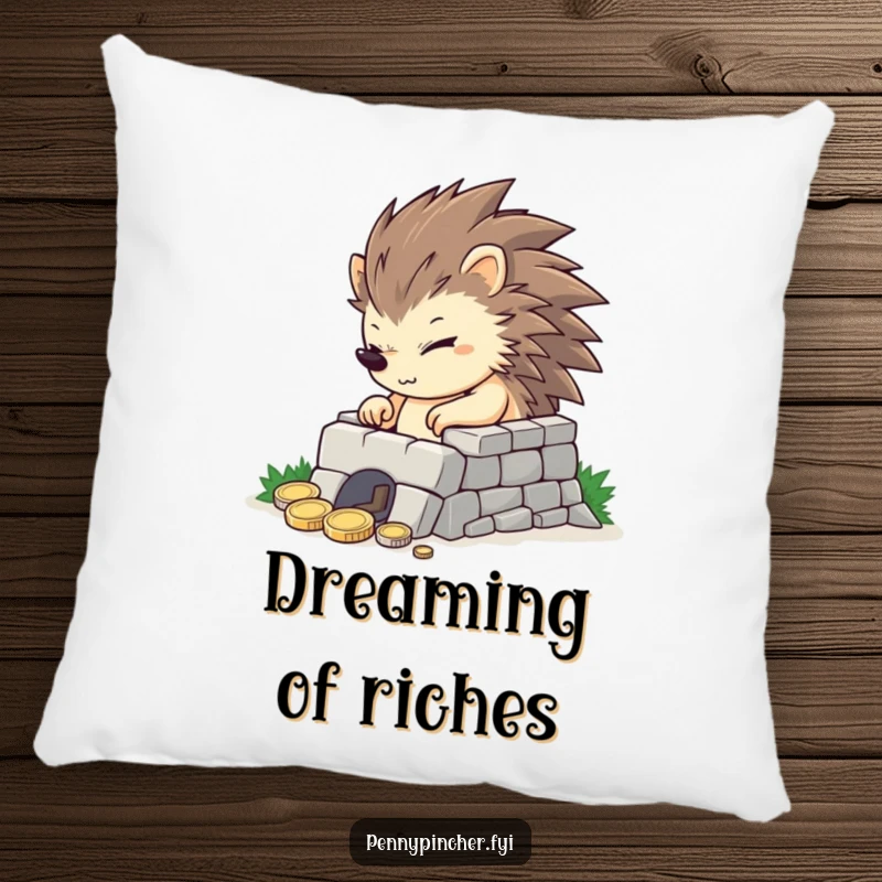 Funny determined hedgehog character building a tiny coin fortress, a soft and humorous pillow for comfort.