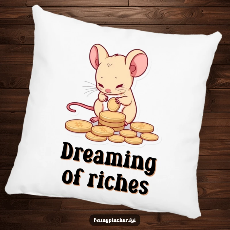 Funny pillow showcasing a tiny mouse character carefully counting a single coin, perfect for cozying up with humor.