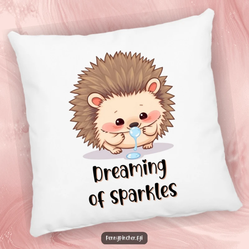 Funny pillow featuring a curious hedgehog carefully examining a single dewdrop, combining comfort with a heartwarming theme.