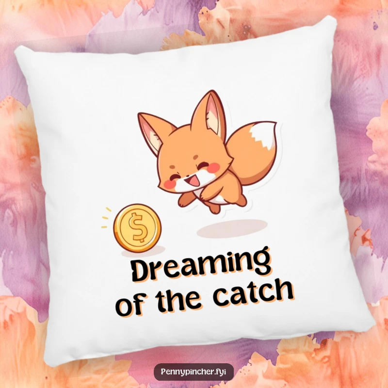 Funny pillow featuring a playful fox character with a wide grin, chasing a rolling coin, offering comfort and fun.