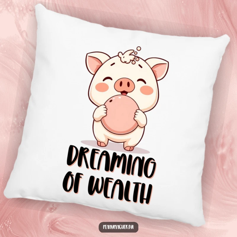 Funny pillow, cute animal proudly displaying an overflowing piggy bank, designed for comfort and a humorous celebration of wealth.