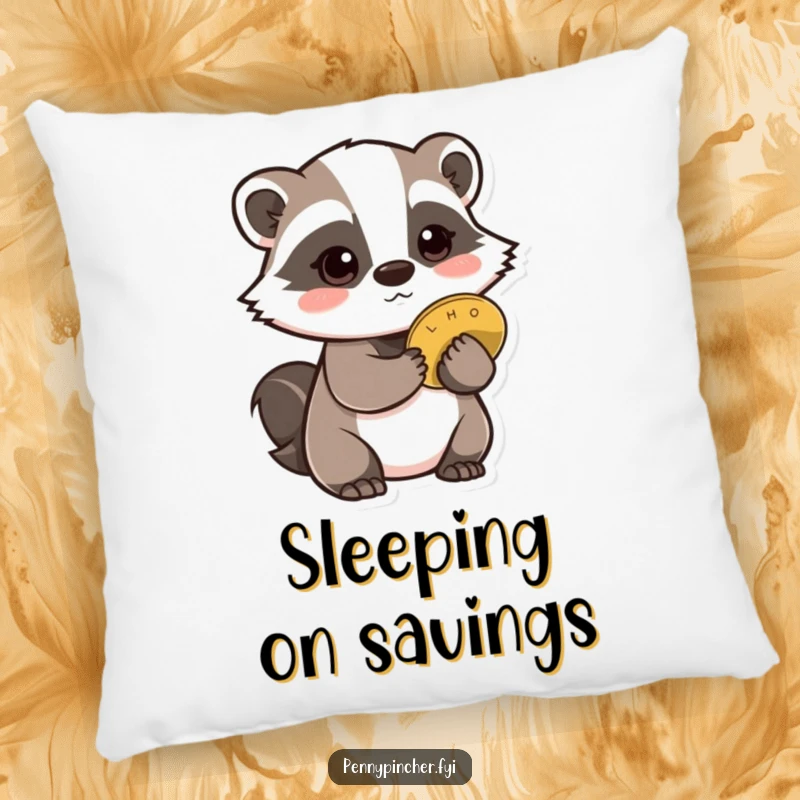 Funny Badger Pillow: Features a cautious badger character hiding a coin behind its back, offering plush comfort.