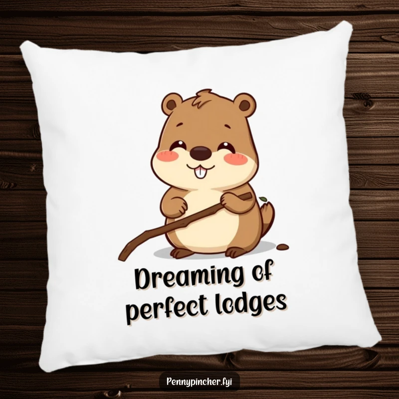 Funny pillow featuring a smiling beaver character meticulously measuring a small twig, offering comfort with a side of building humor.