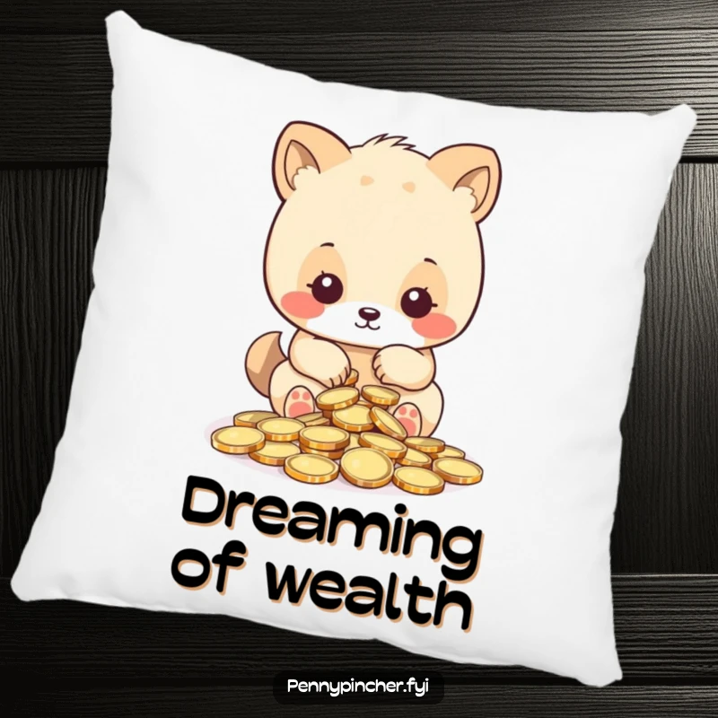 Funny pillow, cute animal meticulously counting shiny coins, designed for comfort and a humorous appreciation of accuracy.
