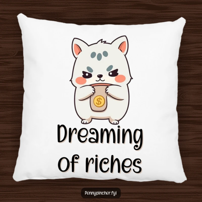 Funny pillow, cute animal character with a determined expression, holding a coin purse, designed for comfort and humorous appeal.