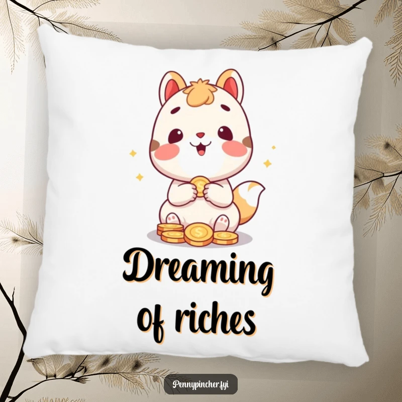 Funny pillow showcasing a cute animal character gleefully counting coins, adding a touch of humor and coziness to any room.