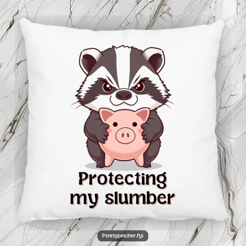 Funny pillow with a grumpy badger character standing guard, arms crossed, over a tiny piggy bank, looking stern.