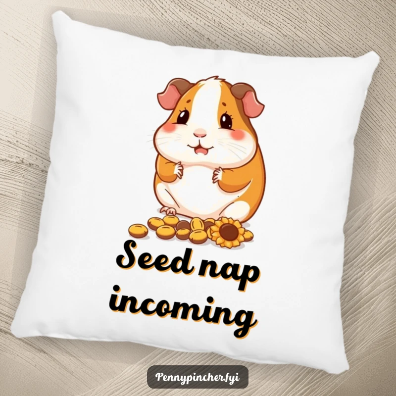 Funny guinea pig pillow, a contented character arranging sunflower seeds, soft and humorous decorative item.