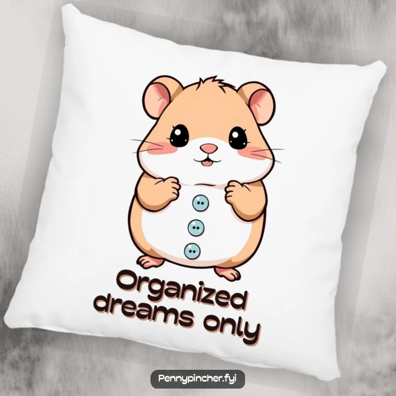 Funny decorative pillow with a cute hamster character meticulously arranging shiny buttons, soft and humorous.