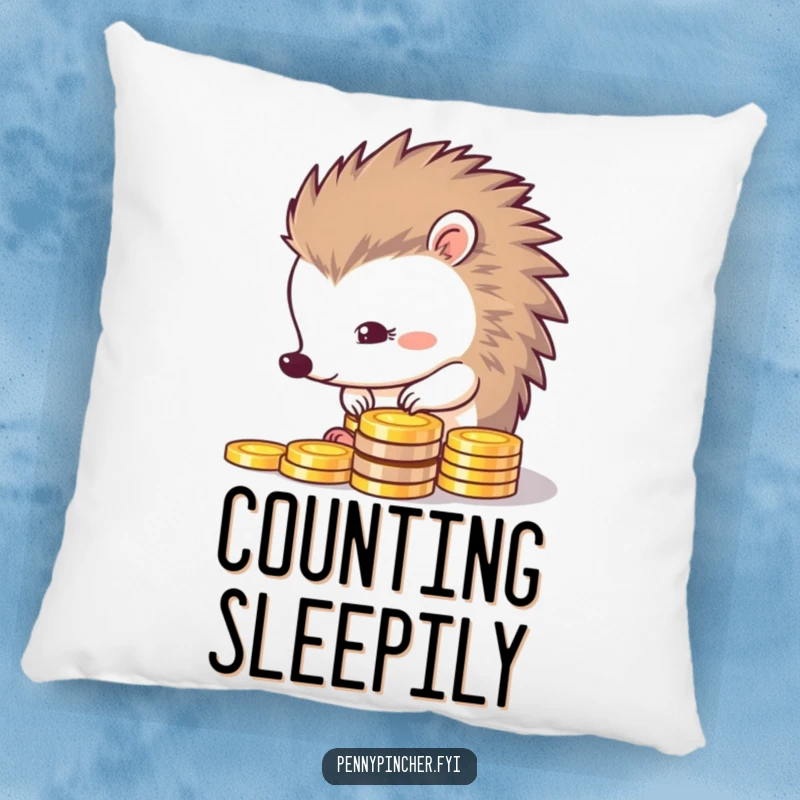 Funny pillow design of a thrifty hedgehog carefully lining up shiny coins, bringing comfort and a smile.