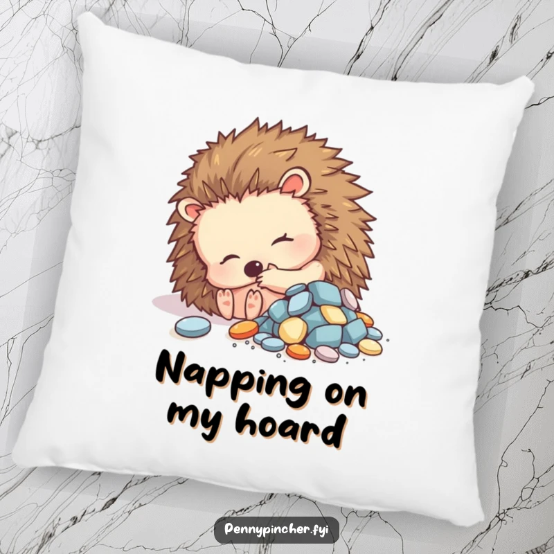 Funny pillow featuring a contented hedgehog character curled up beside a small pile of shiny objects, offering comfort and joy.