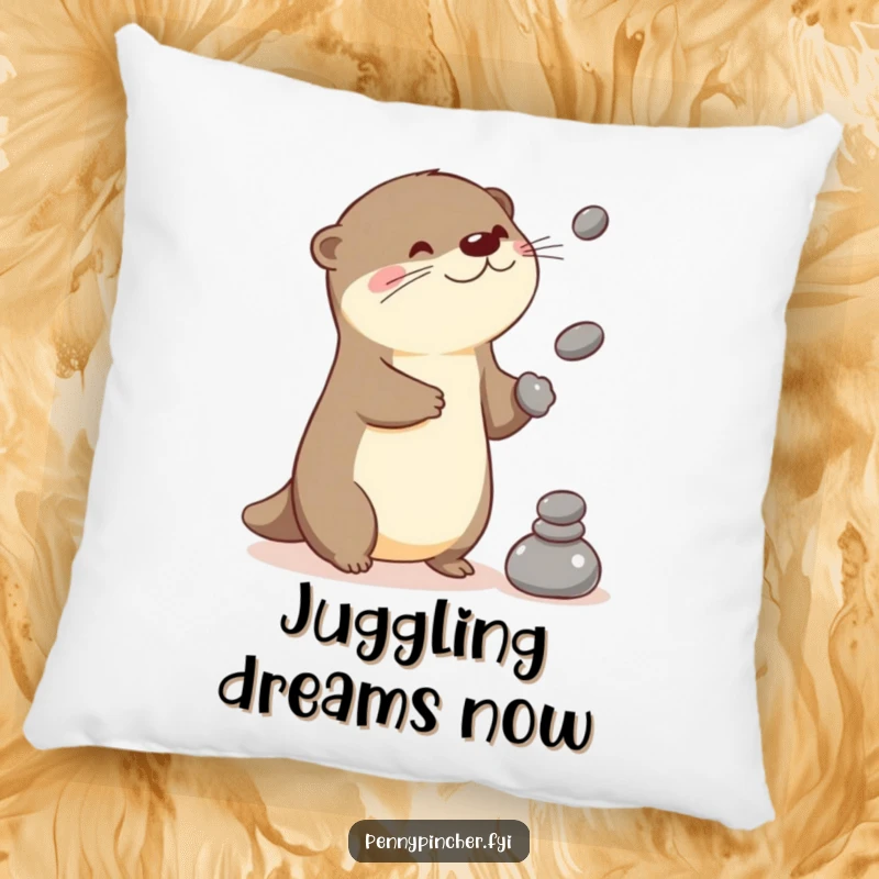 Funny otter pillow with a playful Kawaii character juggling stones, soft and full of charm.