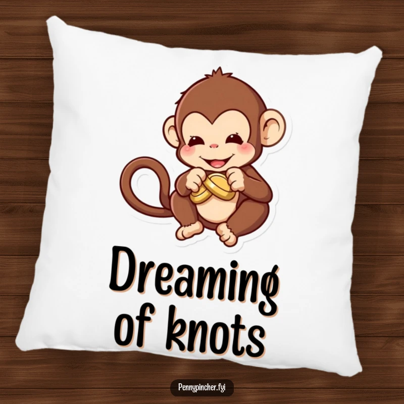 Funny Pillow featuring a determined monkey character trying to knot a coin, offering soft comfort and humor.