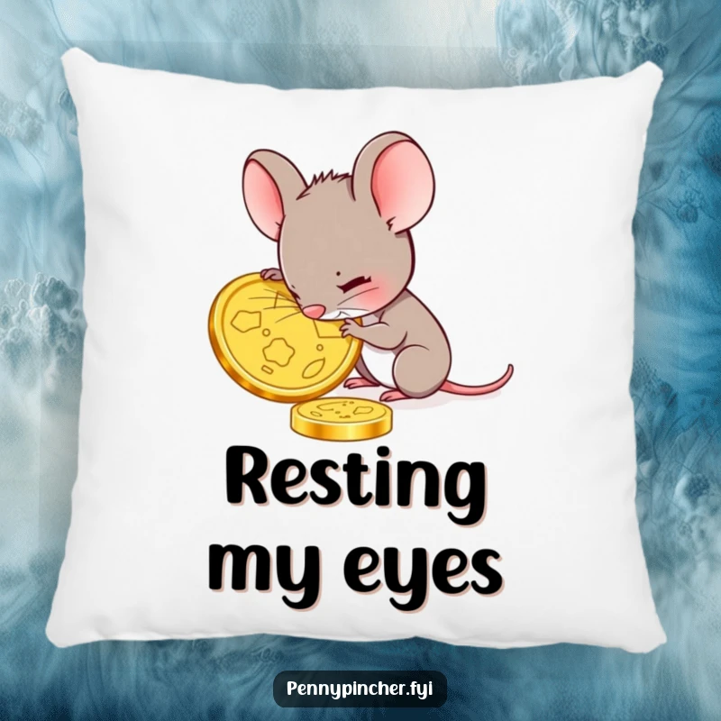 Funny mouse pillow with a focused mouse character examining a large gold coin, providing cozy comfort and a symbol of detailed appreciation.