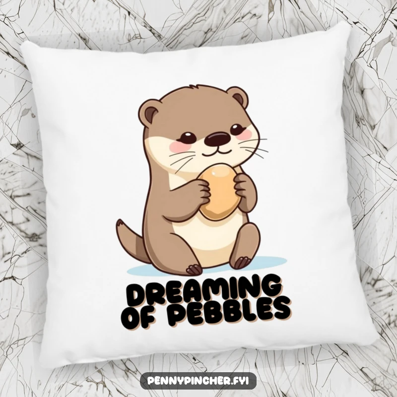 Funny otter pillow, featuring a contented otter hugging a single, smooth pebble, exuding warmth and playful ownership.