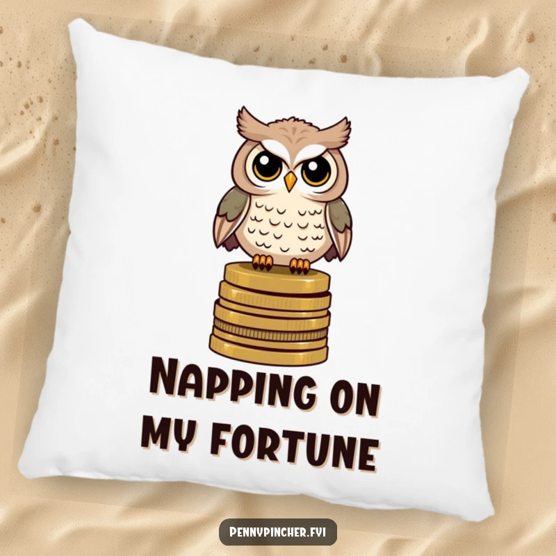 Funny pillow featuring a watchful owl character perched on a stack of antique coins, offering comfort and wisdom.
