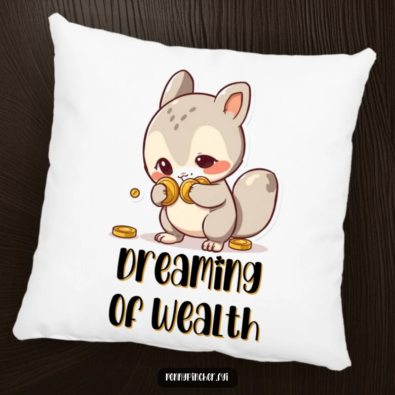 Funny Pillow displaying a cute, mischievous animal character with coins hidden behind its back, perfect for adding a humorous touch to furniture.