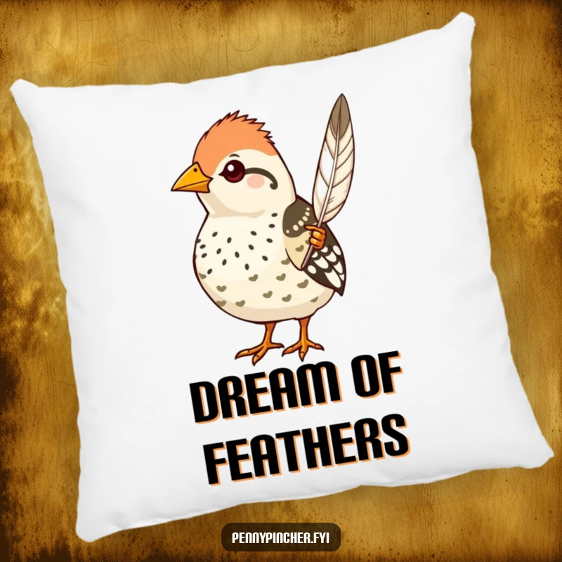 Funny quail pillow, a proud character showing off a single perfect feather, stylish and humorous decorative item.