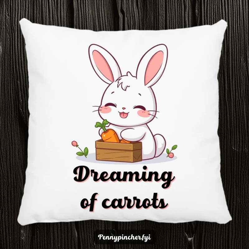 Funny pillow featuring a giggling rabbit character hiding a carrot in a tiny treasure chest, offering comfort and a touch of humor.