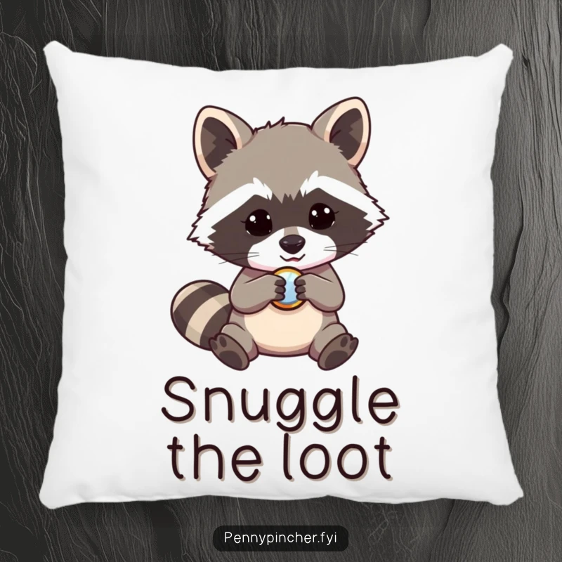 Funny raccoon pillow, a mischievous character fascinated by a shiny button, soft and humorous decorative item.