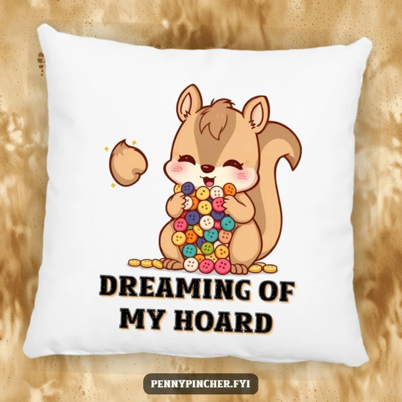 Funny squirrel with cheeks stuffed full of shiny buttons, a soft, huggable, and humorous pillow.