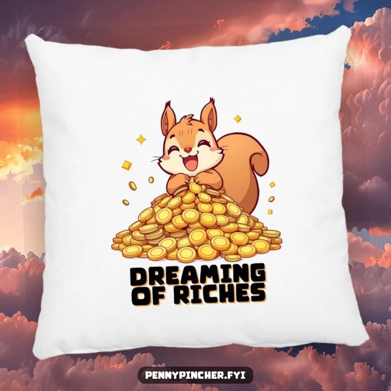 Funny squirrel pillow with a joyful squirrel hoarding a large pile of shiny coins, providing cozy comfort and a symbol of wealth.