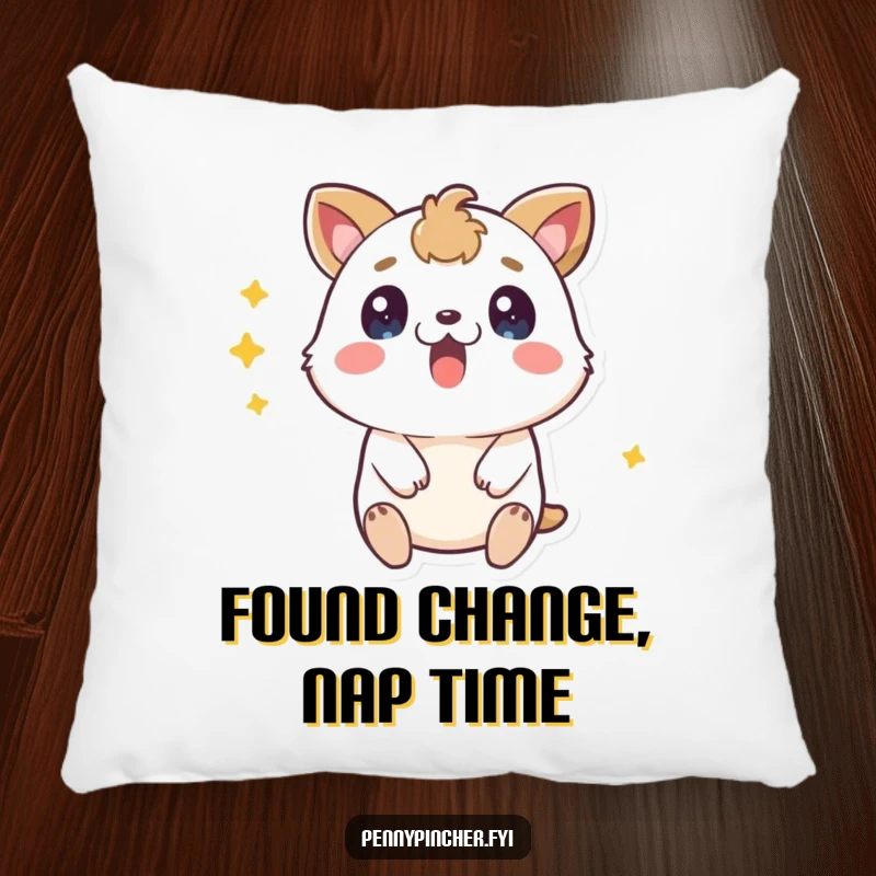 Funny surprised animal pillow, looking stunned and thrilled finding a coin, a soft and humorous decorative item.