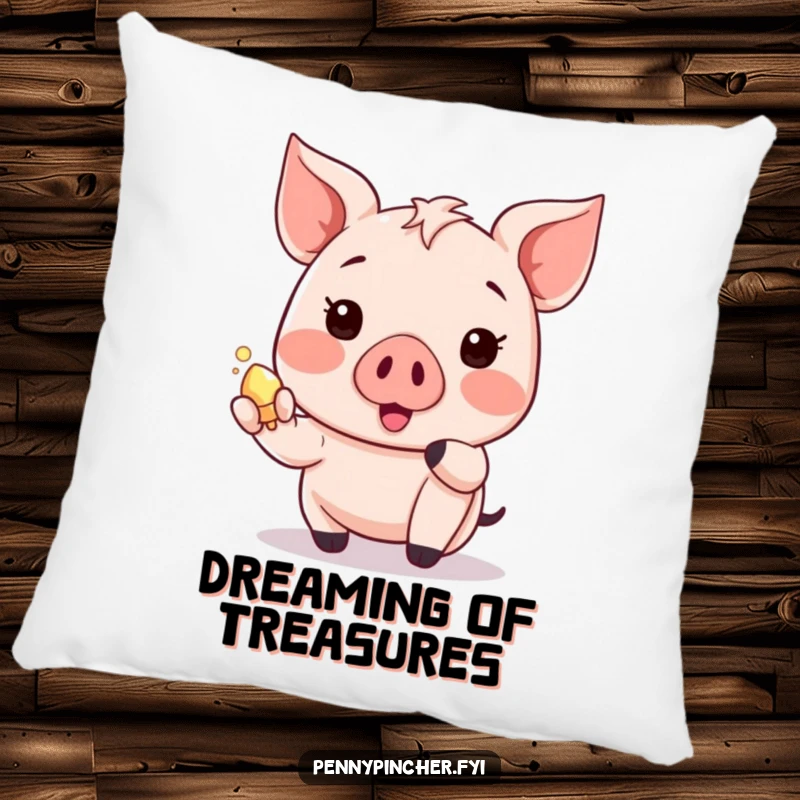 Funny piglet pillow with a happy Kawaii character showing a shiny object, soft and full of charm.