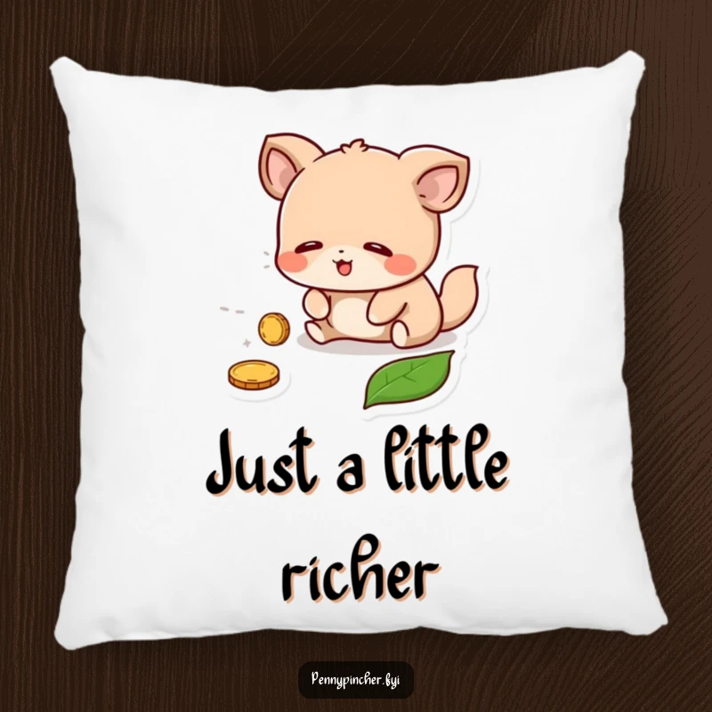 Funny Pillow: A smiling animal character expressing deep relief from finding a hidden coin under a leaf.