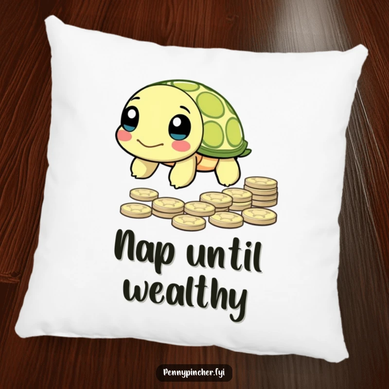 Funny Pillow featuring a determined turtle character slowly advancing towards a pile of pennies, offering comfort and humor.