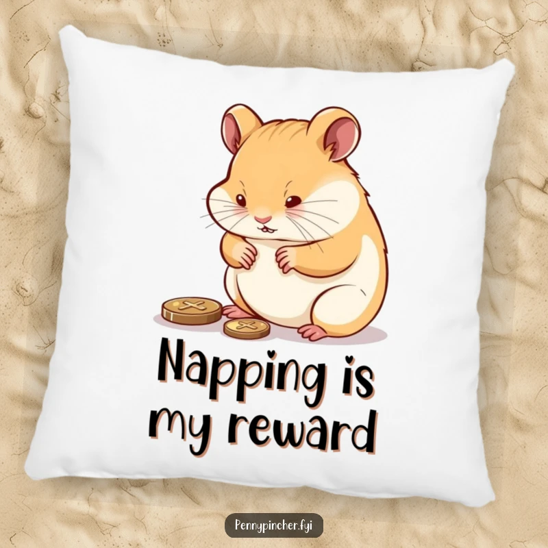 Funny determined hamster polishing a shiny penny, a soft, huggable, and humorous pillow.