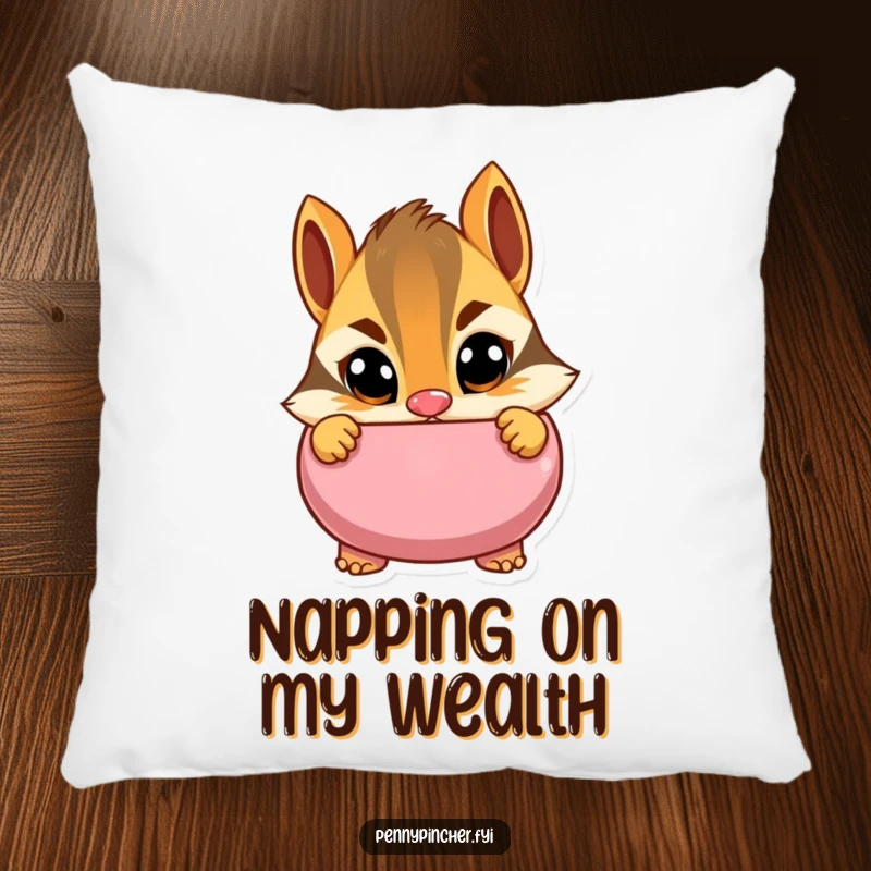 Funny pillow showcasing a cautious chipmunk character peeking into a piggy bank with wide eyes, bringing a humorous and comforting touch of financial watchfulness.