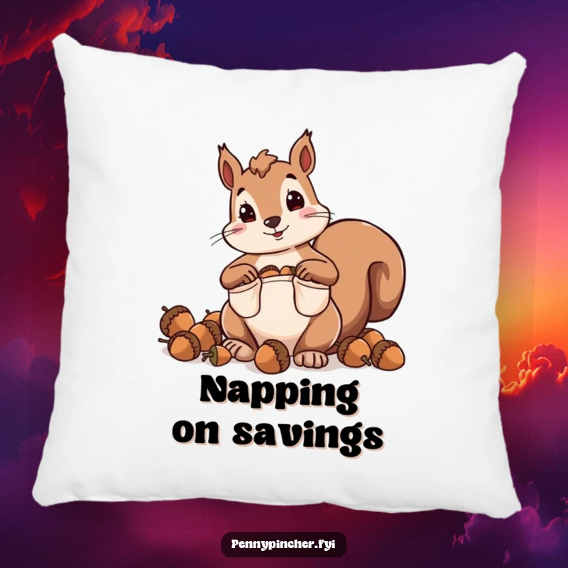 Funny pillow showcasing a squirrel character hoarding acorns with comically oversized pockets, perfect for cozying up.